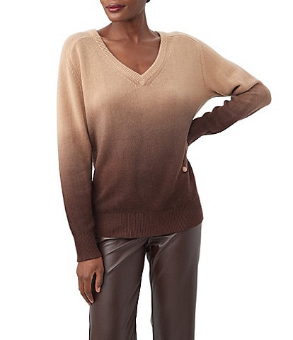 Trina Turk Evangeline Cashmere V-Neck Long Sleeve Ribbed Trim Sweater