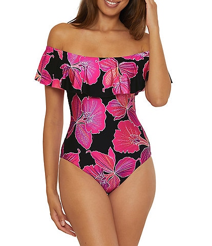 Trina Turk Fleury Floral Off-The-Shoulder Ruffle One Piece Swimsuit