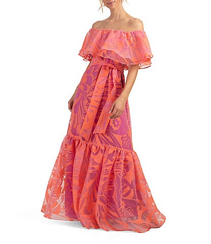 Trina Turk Floral Print Burnout Elastic Off-the-Shoulder Neck Tiered Ruffled Maxi Dress