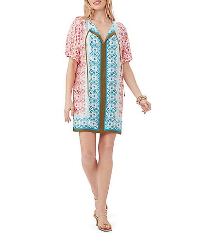 Trina Turk Floria Woven Abstract Print V-Neck Tie Detail Puff Elbow Sleeve Shift Dress