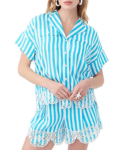Trina Turk Gideon Woven Stripe Print Collared V-Neck Short Sleeve Lace Button-Front Top
