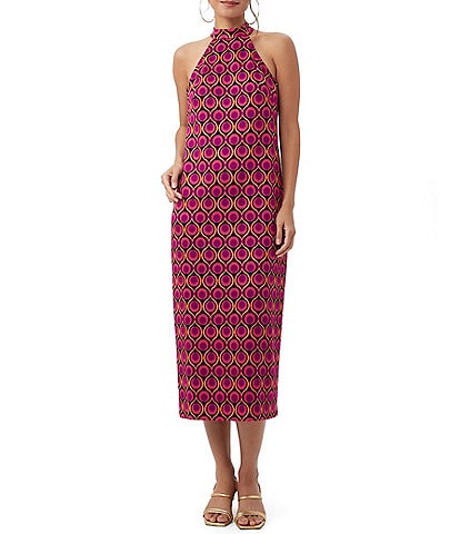 Trina Turk Giri Knit Jacquard Torch Print Mock Neck Sleeveless Midi Sheath Dress