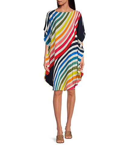Trina Turk Global Colorful Stripe Print Silk Round Neck Short Sleeve Waistless Caftan Dress