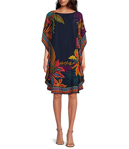 Trina Turk Global Silk Floral Placed Print Boat Neck Short Dolman Sleeve Caftan Dress