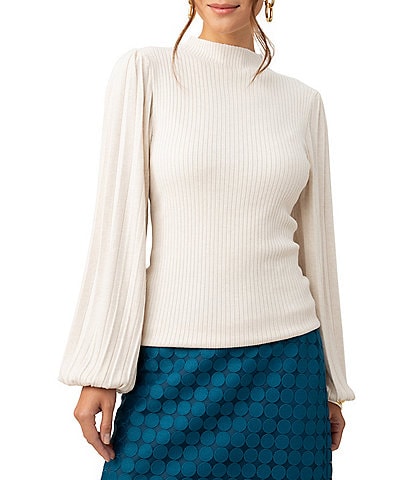 Trina Turk Glossy Ribbed Knit Mock Neck Long Pleated Sleeve Sweater