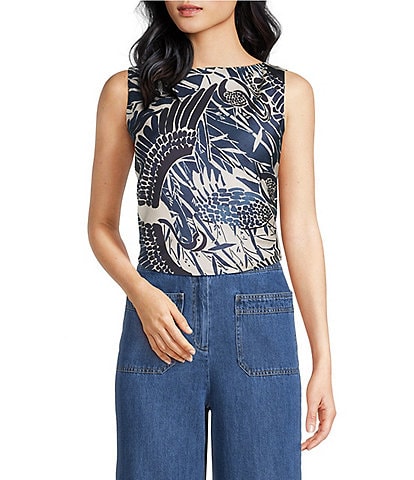 Trina Turk Hakuto Printed Satin Boat Neck Sleeveless Tie Back Top