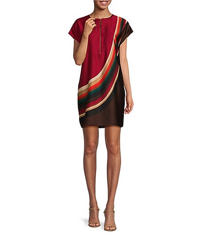 Trina Turk Hasil 2 Satin Georgette Split V-Neck Short Sleeve Rainbow Geo Print Mini Shift Dress