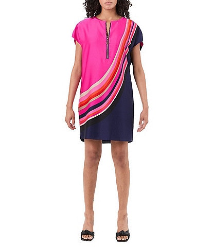 Trina Turk Hasil Geometric Print Zip Round Neck Short Sleeve Dress