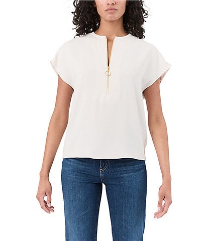 Trina Turk Hasil Georgette Zip Round Neck Short Sleeve Blouse