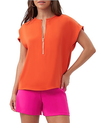 Trina Turk Hasil Georgette Zip Round Neck Short Sleeve Blouse