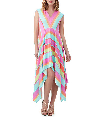 Trina Turk Havia Stripe Print V-Neck Sleeveless Shark-Bite Hem A-Line Midi Dress