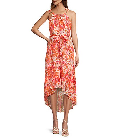 Trina Turk Honest Crinkle Chiffon Mod Floral Print Scoop Neck Sleeveless High-Low Hem Tiered Belted Dress