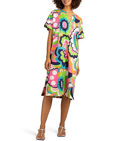 Trina Turk Honolulu Cotton Sateen Floral Print Split V-Neck Short Sleeve Dress