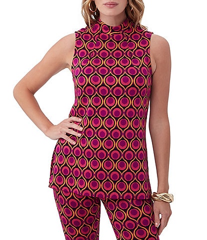 Trina Turk Jaya Knit Jacquard Tahitian Torch Print Coordinating Mock Neck Sleeveless Top