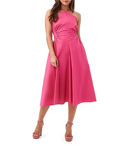 Trina Turk Kata Stretch Poplin Halter Neck Sleeveless Ruched A-Line Dress