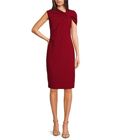 Trina Turk Keshi Stretch Woven Asymmetrical Twist Neck Short Sleeve Midi Sheath Dress