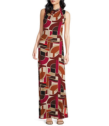 Trina Turk Kia Art Geo Print Cowl Neck Sleeveless Maxi A-Line Dress