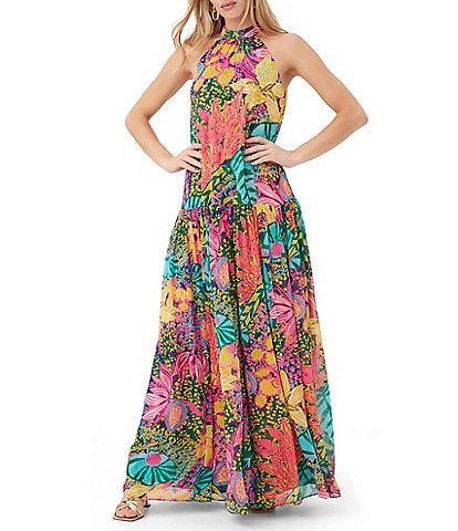 Trina Turk Kissimmee Crinkle Chiffon Floral Print Halter Neck Sleeveless Drop Waist Tiered A-Line Dress