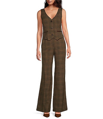 Trina Turk Kofi Woven Plaid Print V-Neck Button Front Vest & Woven Plaid Print Wide Leg Flat Front Pant