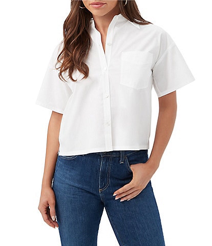 Trina Turk Komore Stretch Poplin Point Collar Short Sleeve Boxy Top