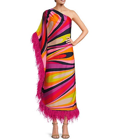 Trina Turk Largo Asymmetrical Hem & Neck One Sleeve Feather Trim Maxi Dress