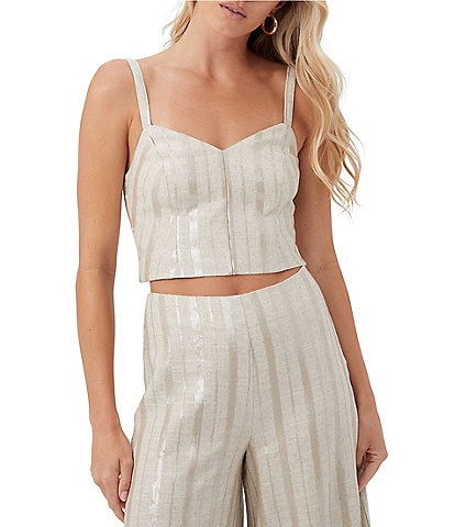 Trina Turk Linen Blend Sequin Sweetheart Neck Sleeveless Cropped Top
