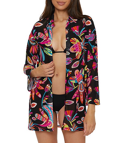 Trina Turk Luminary Printed Mesh Beach Button Front Swim Cover-Up Shirt