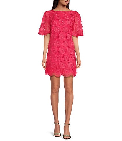 Trina Turk Luv 2 Woven Boat Neck Puff Sleeve Flower Embroidered Sheath Dress