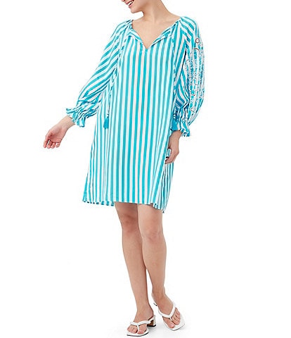 Trina Turk Lysis Woven Stripe Print Split Neck Long Sleeve Lace Shift Dress