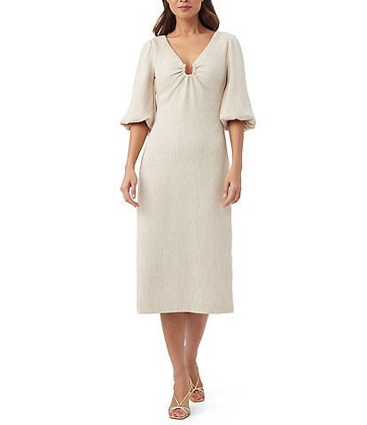 Trina Turk Madeline Plisse U-Ring V-Neck Puff Elbow Sleeve Midi Dress