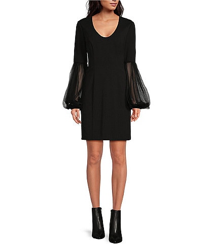 Trina Turk Mai Knit Jersey Scoop Neck Long Sleeve With Tulle Mesh Bell Sheath Dress