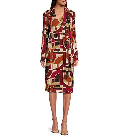 Trina Turk Makeba Knit Jersey Art Geo Print V-Neck Point Collar Faux Wrap Midi Dress