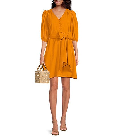 Trina Turk Malina V-Neck Side Pocket Short Puff Sleeve Belted A-Line Dress