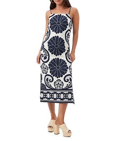 Trina Turk Marita Fil Coupe Placement Print Square Neck Sleeveless Midi Dress