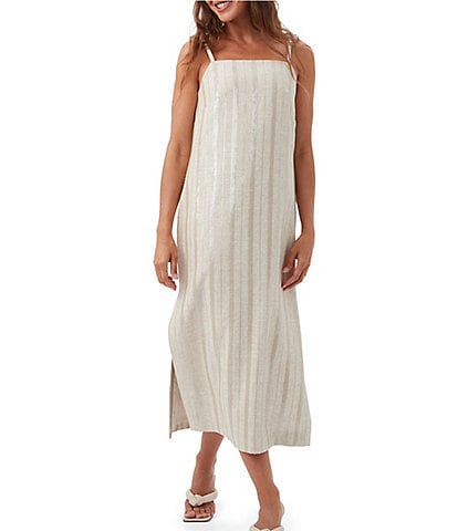 Trina Turk Marita Saint Maxime Linen Blend Sequin Stripe Square Neck Sleeveless Dress