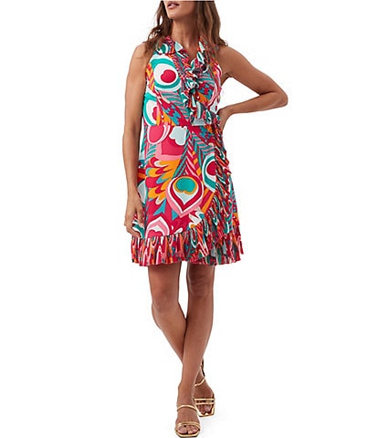 Trina Turk Marseille Printed Crinkle Georgette Ruffle V-Neck Sleeveless Wrap Dress
