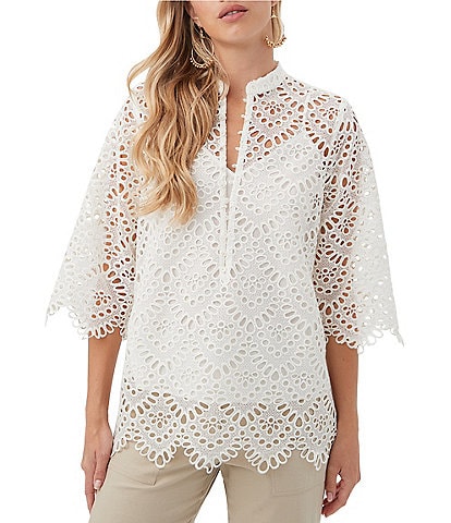 Trina Turk Martigues Lernis Lace Button Mandarin Collar 3/4 Bell Sleeve Top