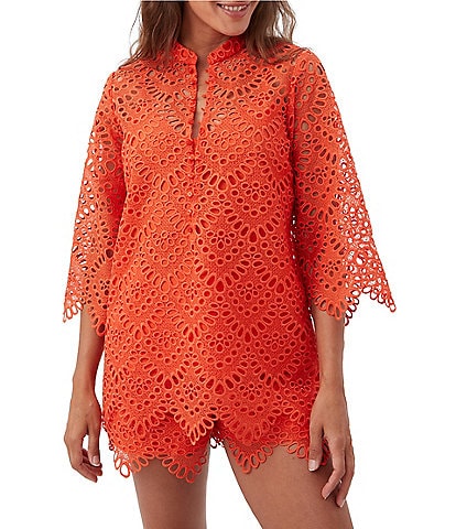 Trina Turk Martigues Lernis Lace Button Mandarin Collar 3/4 Bell Sleeve Top