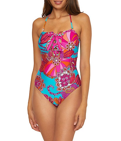 Trina Turk Meilani Floral Sweetheart Neck Lace Up Bandeau One Piece Swimsuit