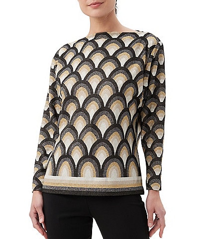 Trina Turk Minato Jacquard Knit Border Print Boat Neck Long Sleeve Sweater