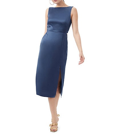 Trina Turk Mochi Satin Boat Neck Sleeveless Sheath Midi Dress