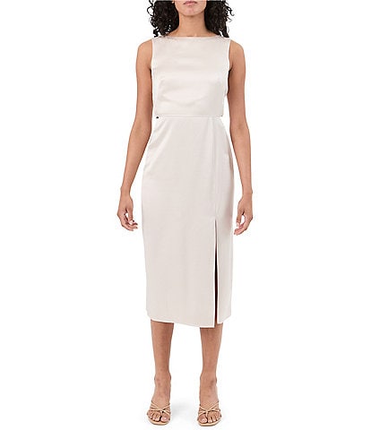 Trina Turk Mochi Satin Boat Neck Sleeveless Sheath Midi Dress