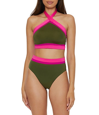 Trina Turk Monaco Color Block High Neck Cross Front Swim Top