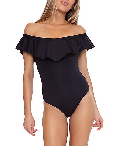 Trina Turk Monaco Off-the-Shoulder Solid Ruffle One Piece Swimsuit