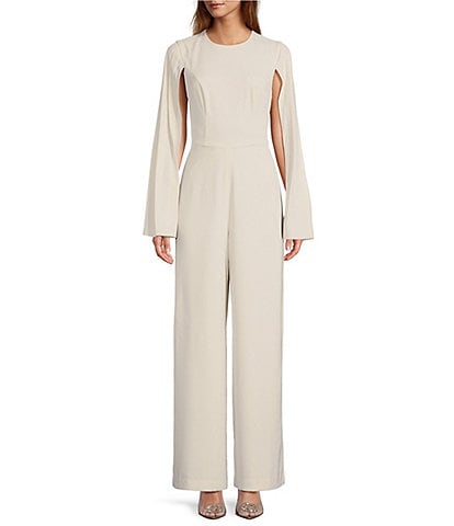Trina Turk Monumental Luxe Drape Crew Neck Long Cape Sleeve Wide-Leg Pocketed Jumpsuit