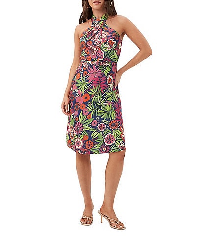 Trina Turk Muri Floral Print Criss Cross Halter Sleeveless Dress