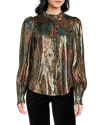 Trina Turk Mystical Monarch Silk Metallic Ruffle Collar Long Sleeve Top