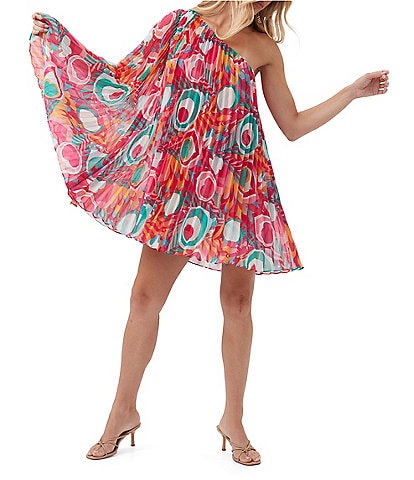Trina Turk Narbonne Abstract Print Crinkle Georgette Pleated One Shoulder Dress