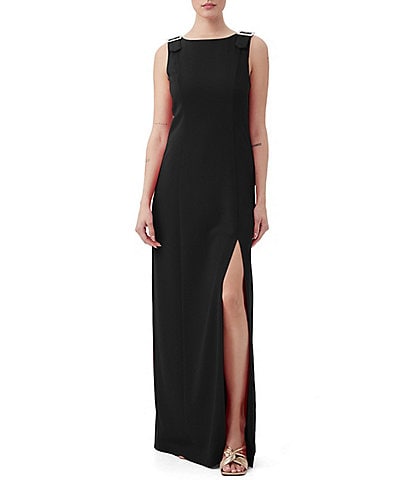 Trina Turk Nevie Carina Crepe Boatneck Sleeveless Buckle Shoulder Column Maxi Dress