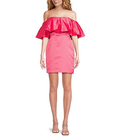 Trina Turk Nia Dutchess Satin Off-The-Shoulder Ruffle Sleeve Dress